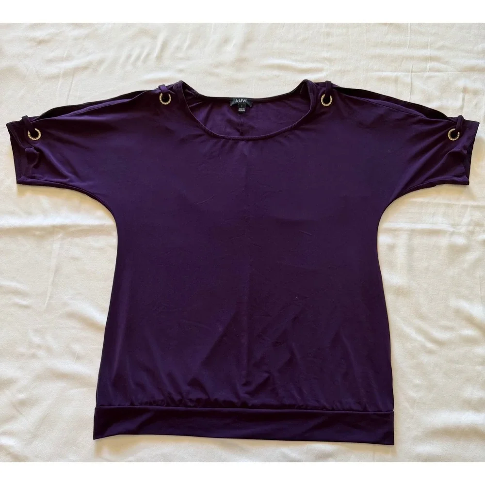 AUW Women Purple Cold Shoulder Blouse Rhinestone Grommet Short Sleeve Top‎ L